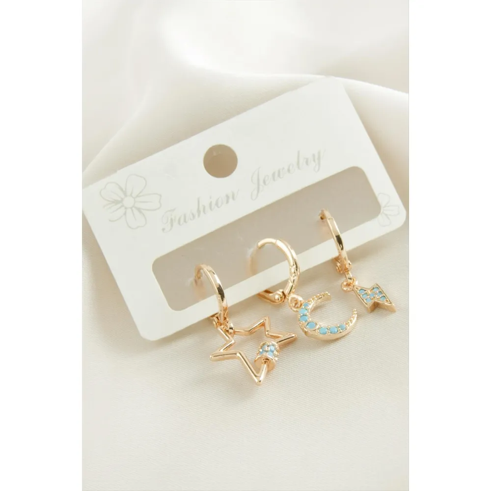 3 Adet Hilal Yıldız Zirkon Taşlı Küpe-Sarı