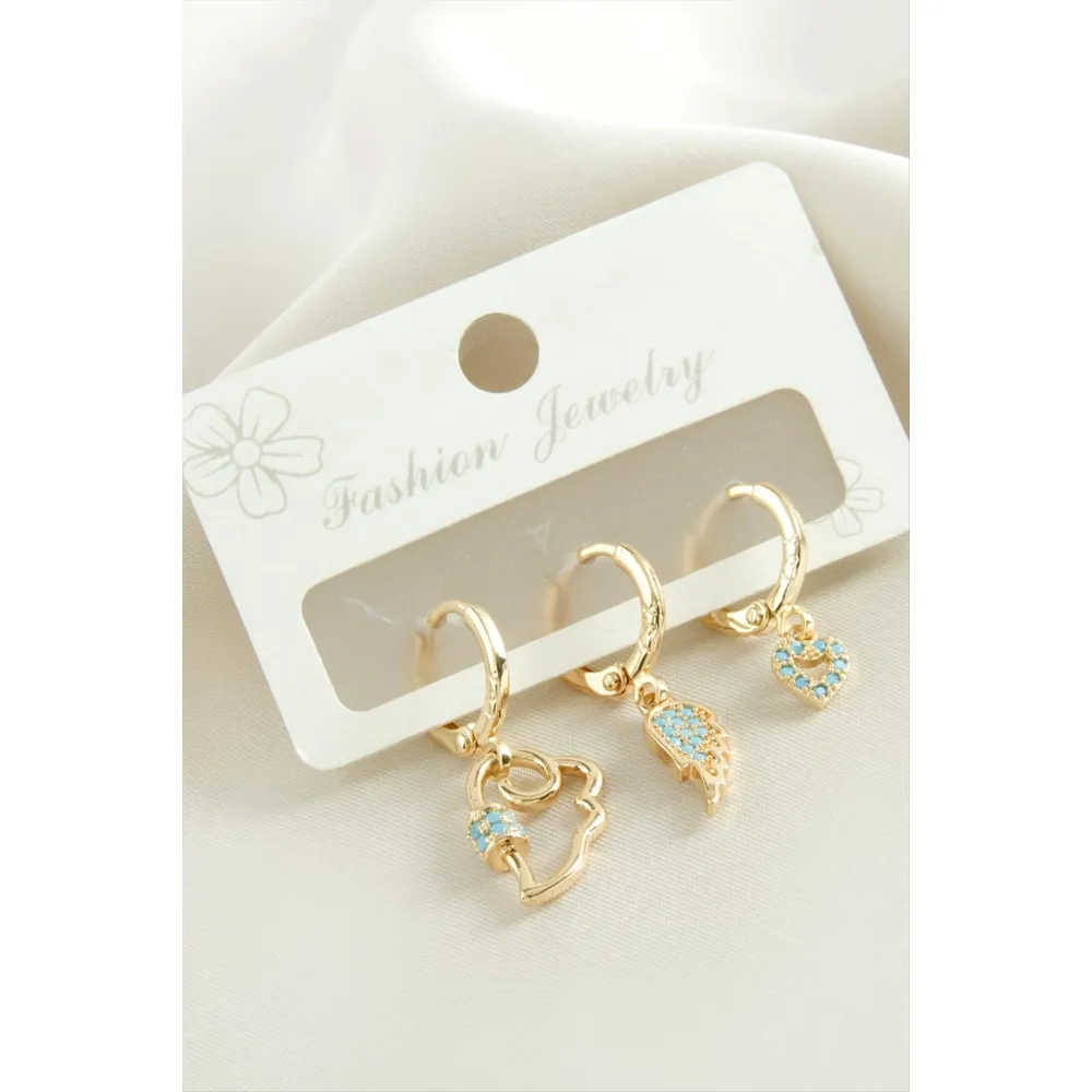 3 Adet Kanat Zirkon Taşlı Küpe-Sarı