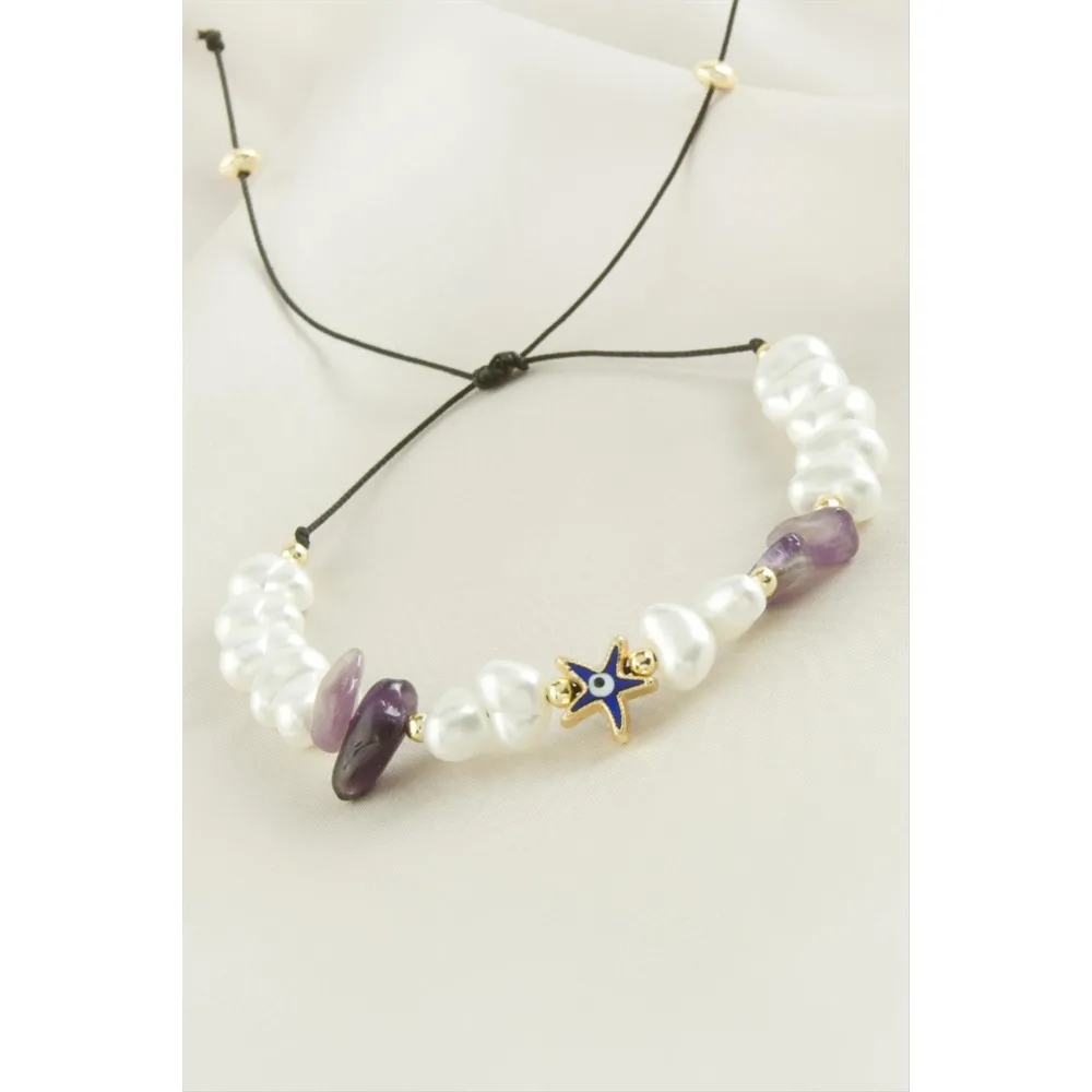 Deniz Yıldızı  Kırık Doğaltaşlı İnci Bileklik-Açık Pembe