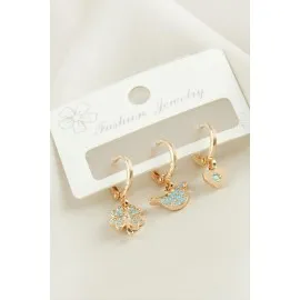 3 Adet Yonca Zirkon Taşlı Küpe-Sarı