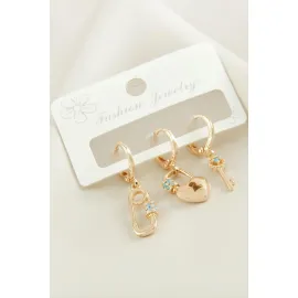 3 Adet Kalp Zirkon Taşlı Küpe-Sarı