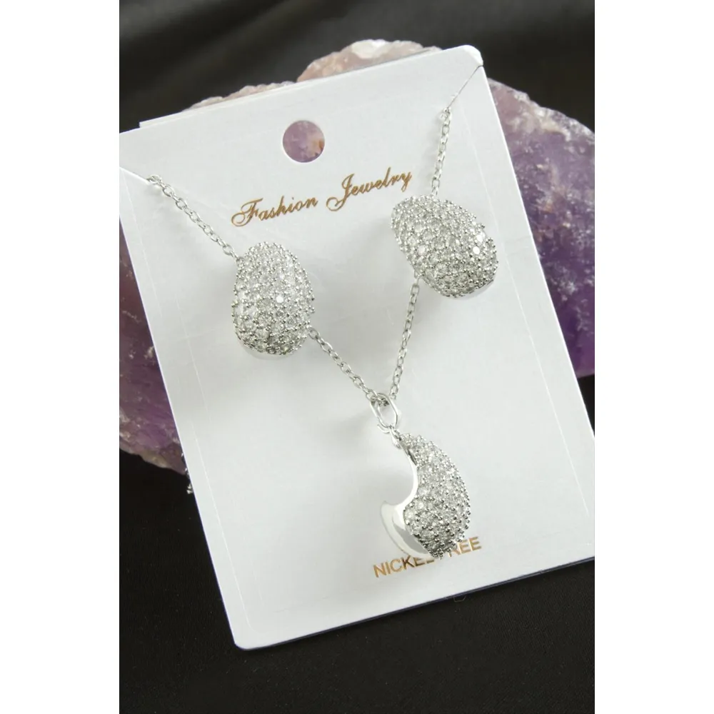 Oval Zirkon Taşlı Lüks Set Kolye-Gümüş Rengi