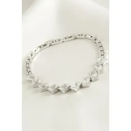 Xuping Dikdörtgen Zirkon Taşlı Lüks Çelik Bileklik-Gümüş Rengi