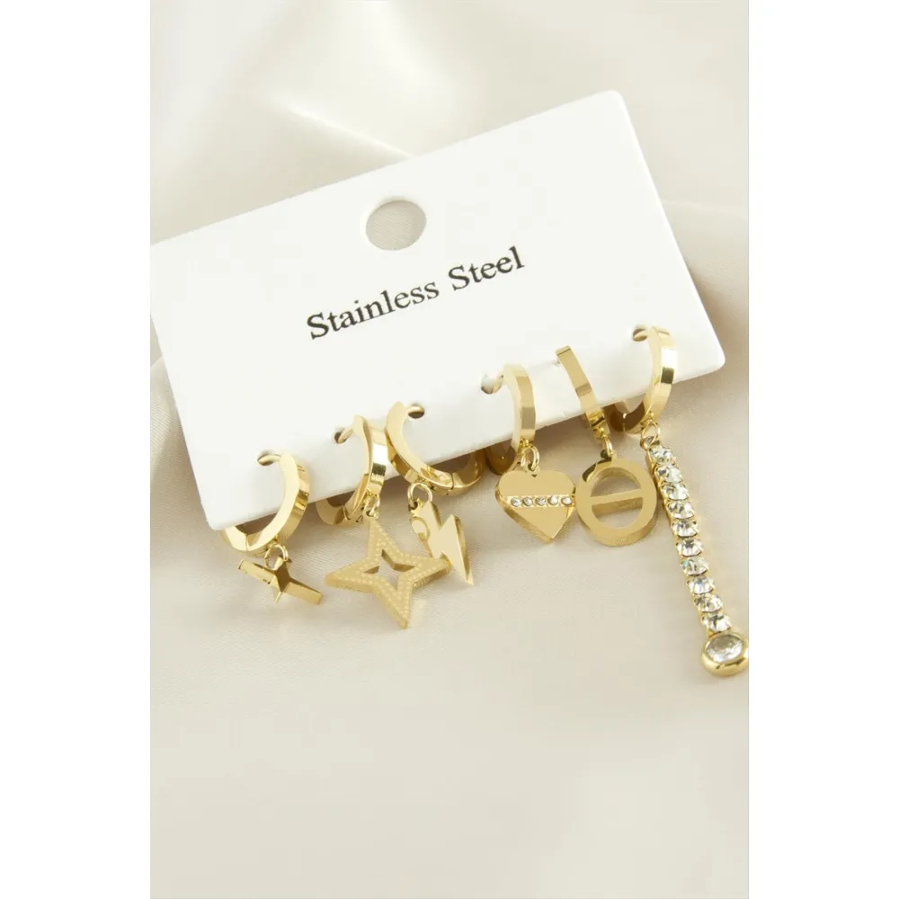 6 Adet Yıldız  Zirkon Taşlı Lüks Çelik Küpe-Sarı