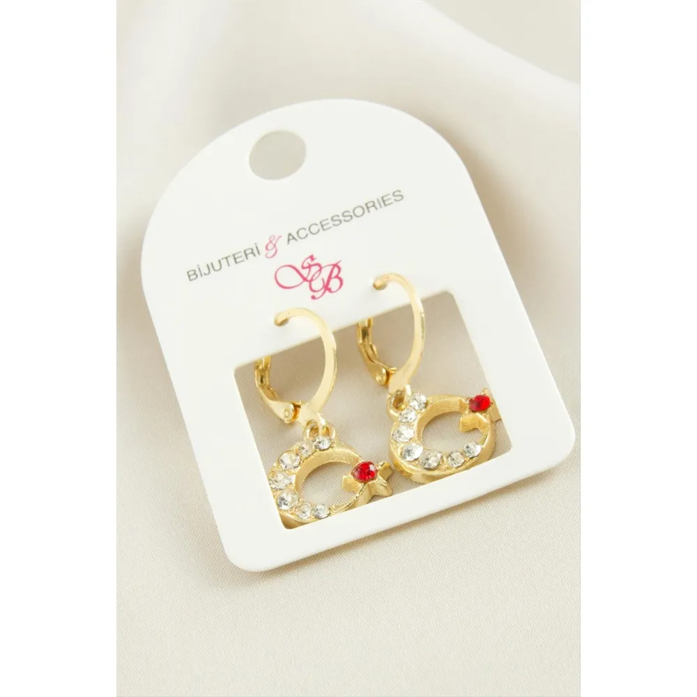 Ay Yıldız Taşlı Küpe-Sarı