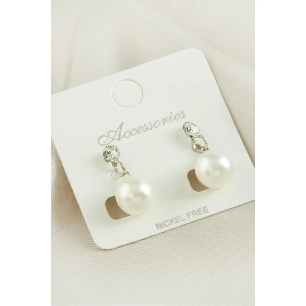 Yuvarlak İnci Taşlı Küpe-Gümüş Rengi