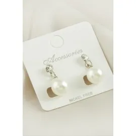 Yuvarlak İnci Taşlı Küpe-Gümüş Rengi