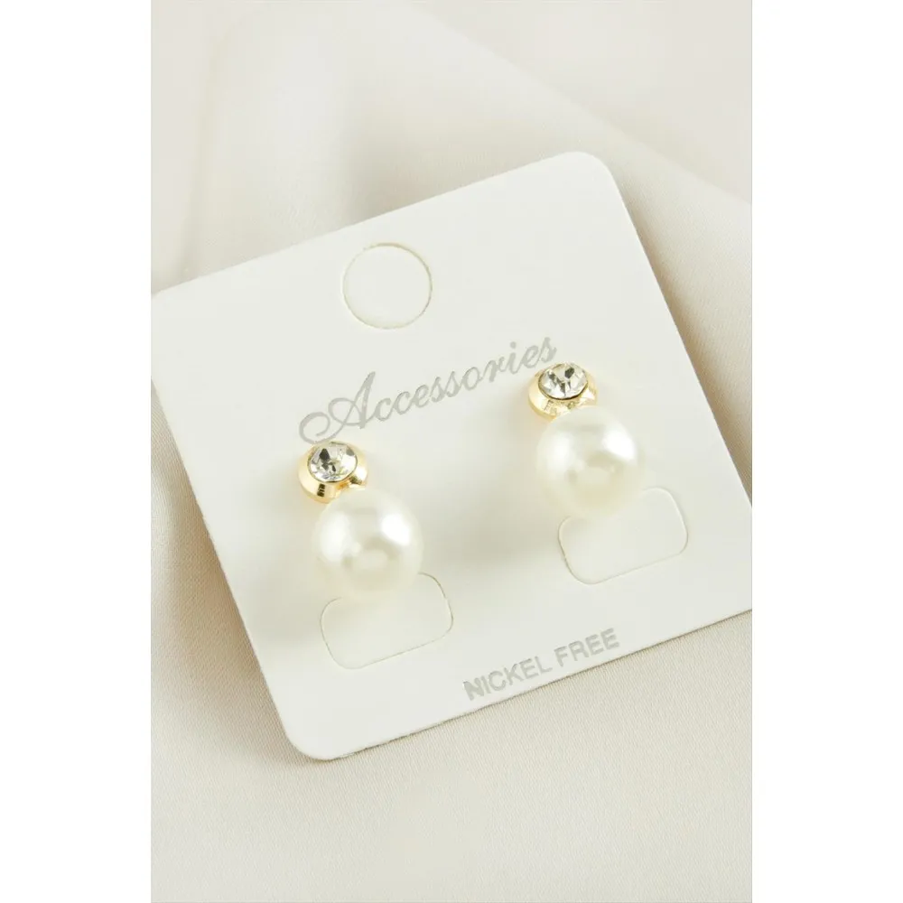 Yuvarlak İnci Taşlı Küpe-Sarı