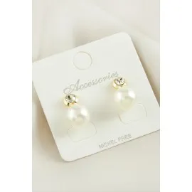 Yuvarlak İnci Taşlı Küpe-Sarı