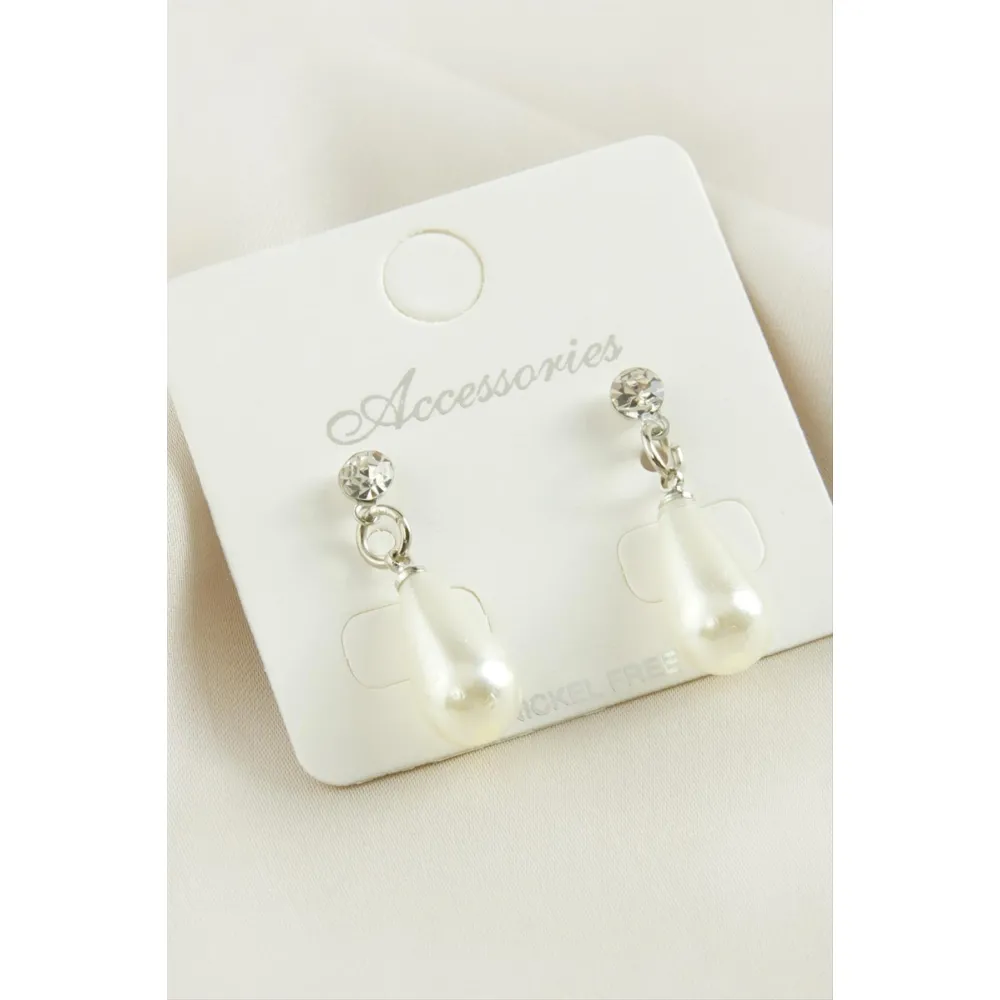 Damla İnci Taşlı Küpe-Gümüş Rengi