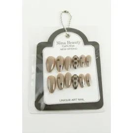 Desenli Mina Beauty Kedi Gözü Takma Tırnak-Krem