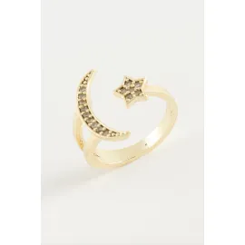 Ay Yıldız Zirkon Taşlı Yüzük-Gümüş Rengi