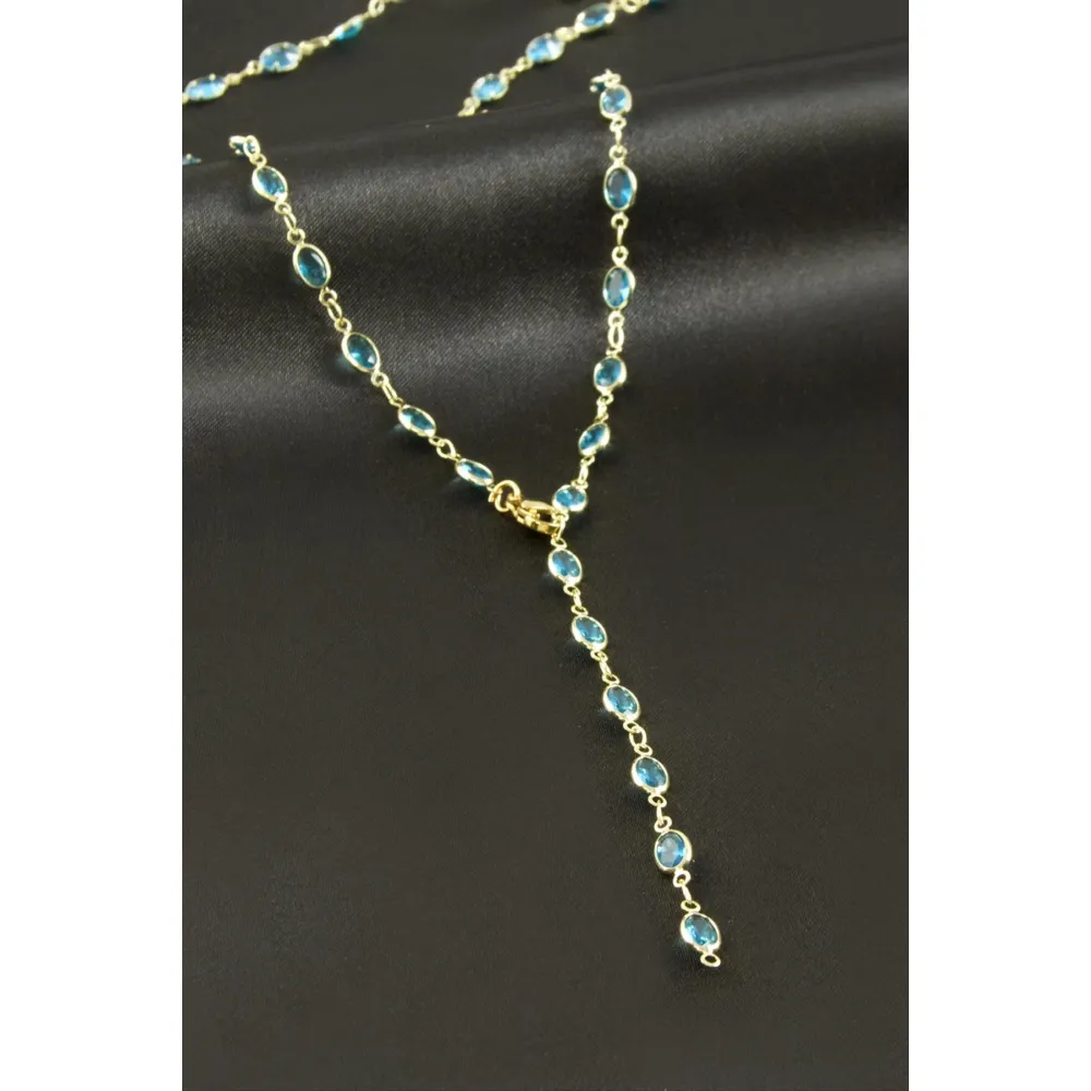 Oval Zirkon Taşlı Çelik Y Kolye-Kırmızı