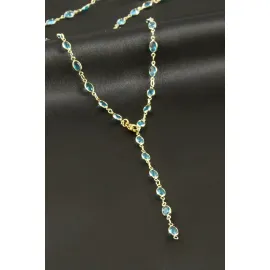 Oval Zirkon Taşlı Çelik Y Kolye-Kırmızı