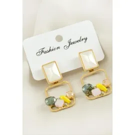 Dikdörtgen Sedef Taşlı Küpe-Sarı