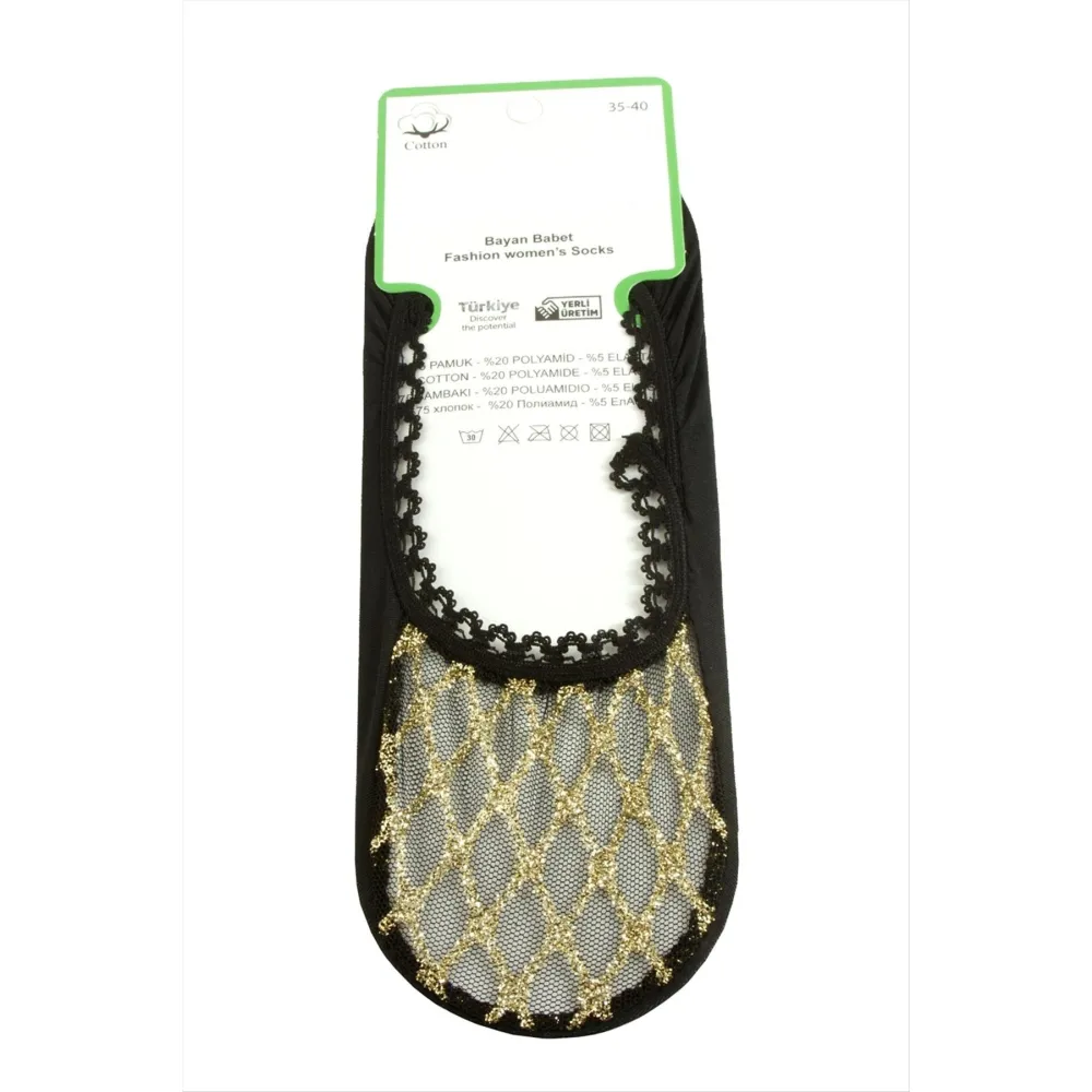 Çizgili Dantel Babet Çorap-Siyah