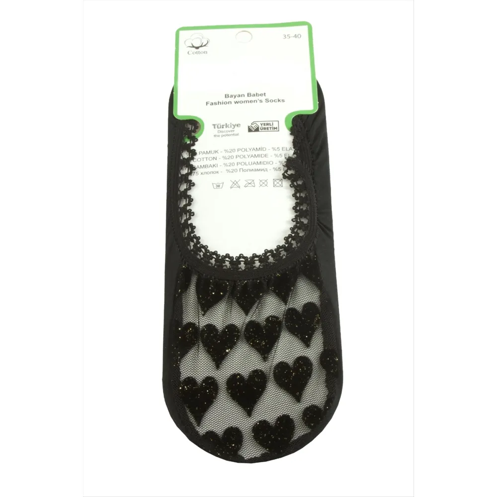 Kalp Dantel Babet Çorap-Siyah