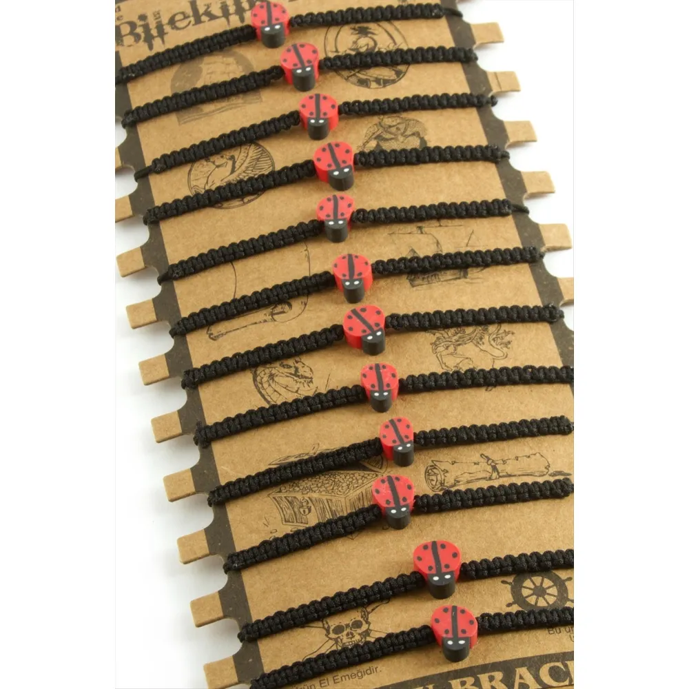 Uğur Böceği Makrome Örgülü Bileklik-Siyah