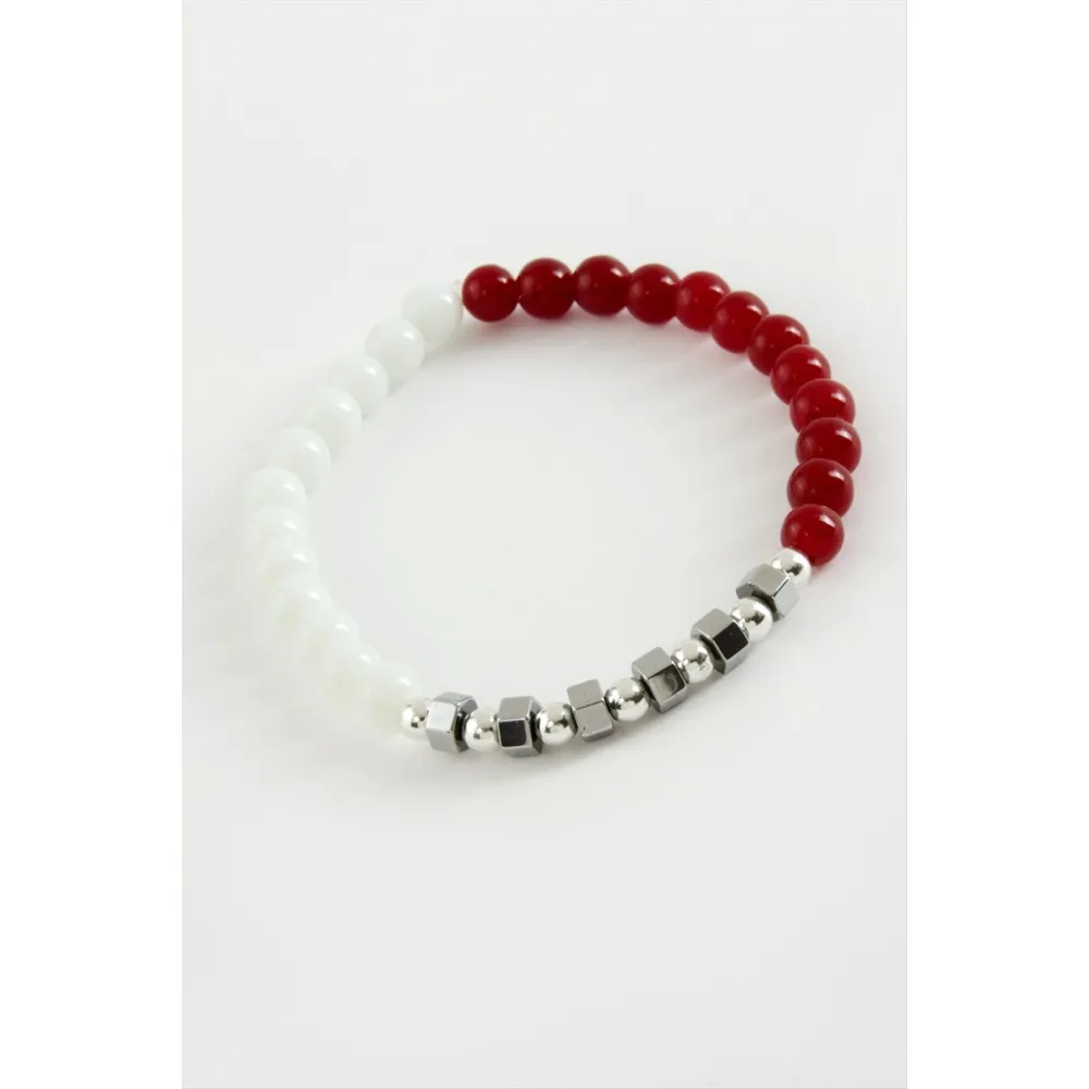 Kırmızı Beyaz Doğaltaş Bileklik 6 mm-Beyaz