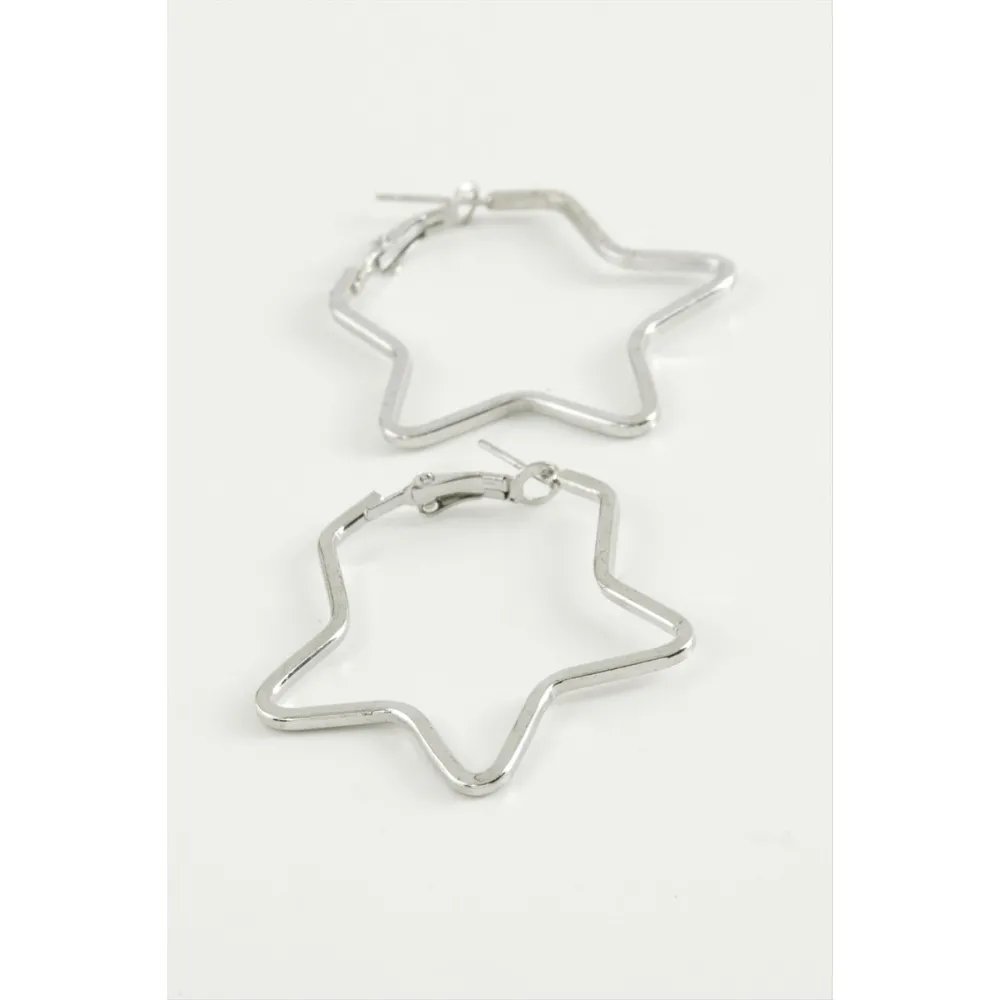 Yıldız Halka Küpe 4 cm-Gümüş Rengi