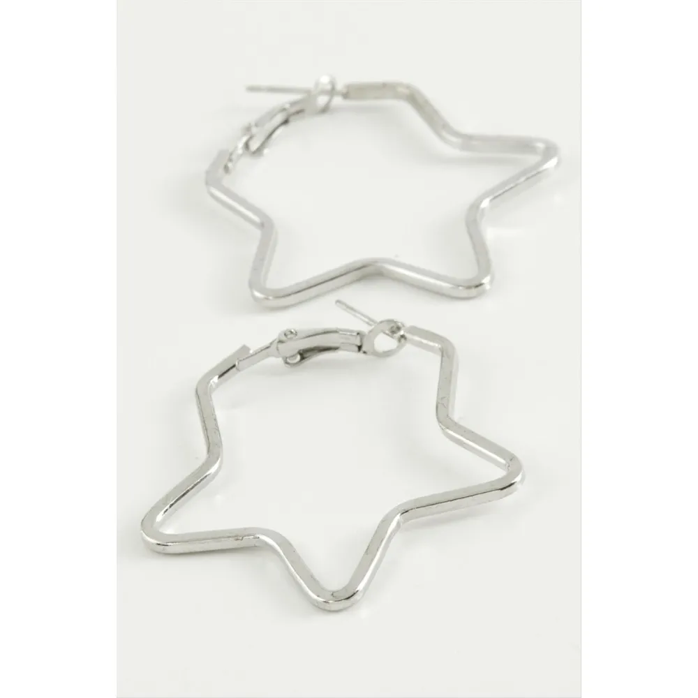 Yıldız Halka Küpe 4,5 cm-Gümüş Rengi