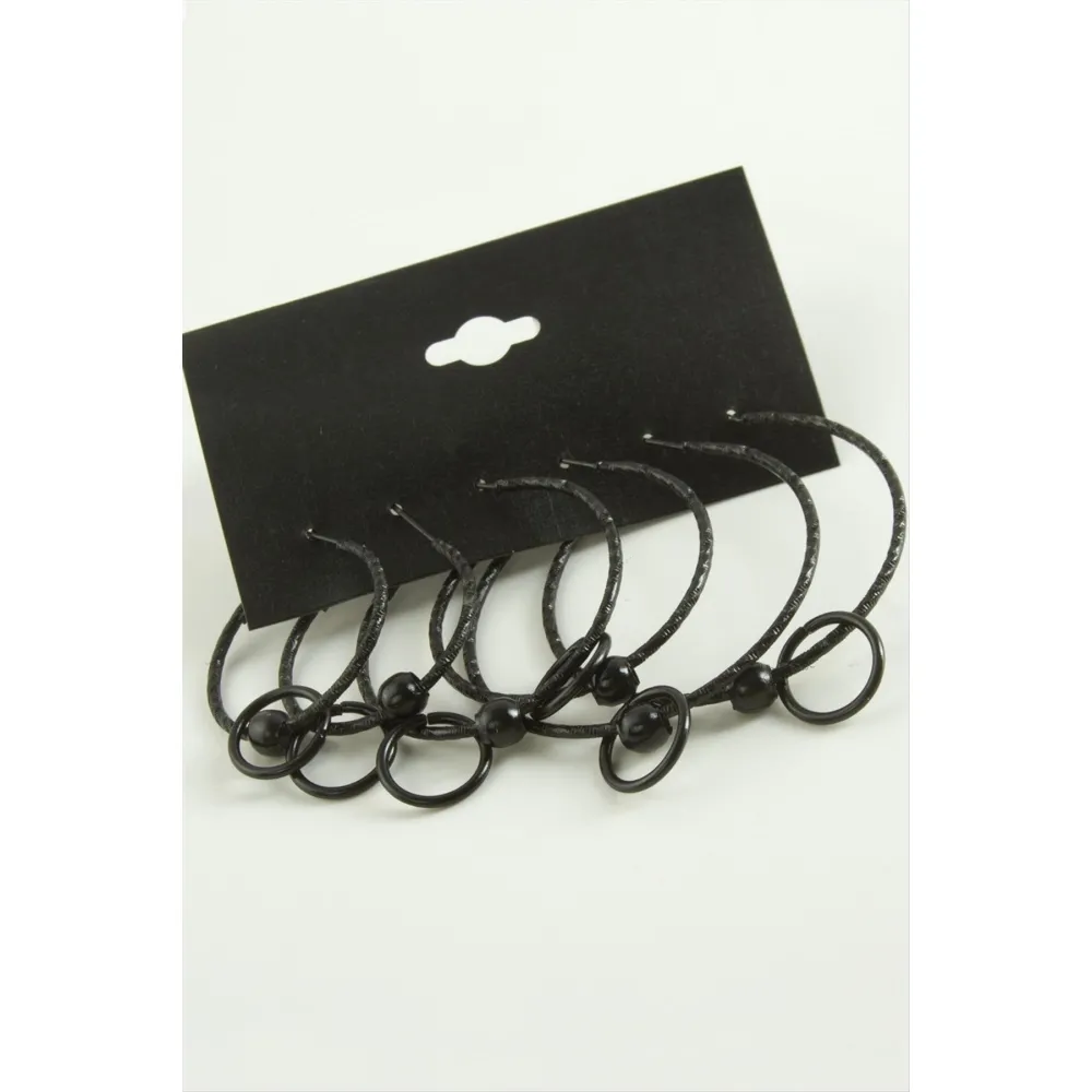 Noktalı İç İçe Metal Halka Küpe 6 Adet-Siyah