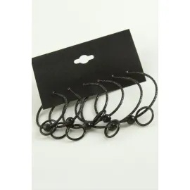 Noktalı İç İçe Metal Halka Küpe 6 Adet-Siyah