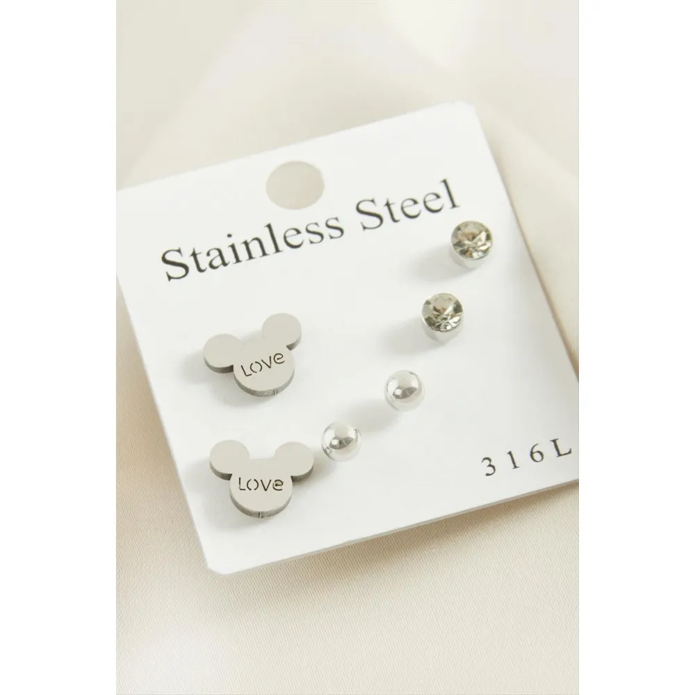 6 Adet Ayıcık Taşlı Çelik Küpe-Gümüş Rengi