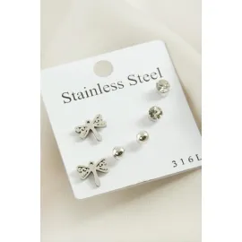 6 Adet Yusufçuk Taşlı Çelik Küpe-Gümüş Rengi