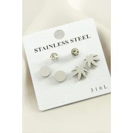 6 Adet Yaprak Taşlı Çelik Küpe-Gümüş Rengi