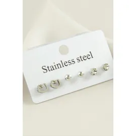 6 Adet Kedi Taşlı Çelik Küpe-Gümüş Rengi