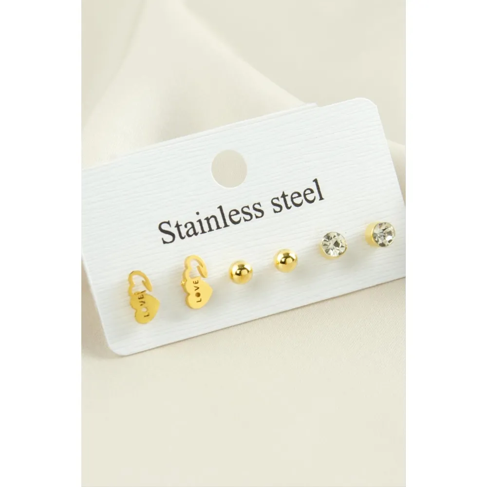 6 Adet Kalp Taşlı Çelik Küpe-Sarı