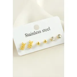 6 Adet Love Yazılı Taşlı Çelik Küpe-Sarı