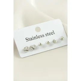 6 Adet Love Yazılı Kalp Taşlı Çelik Küpe-Gümüş Rengi