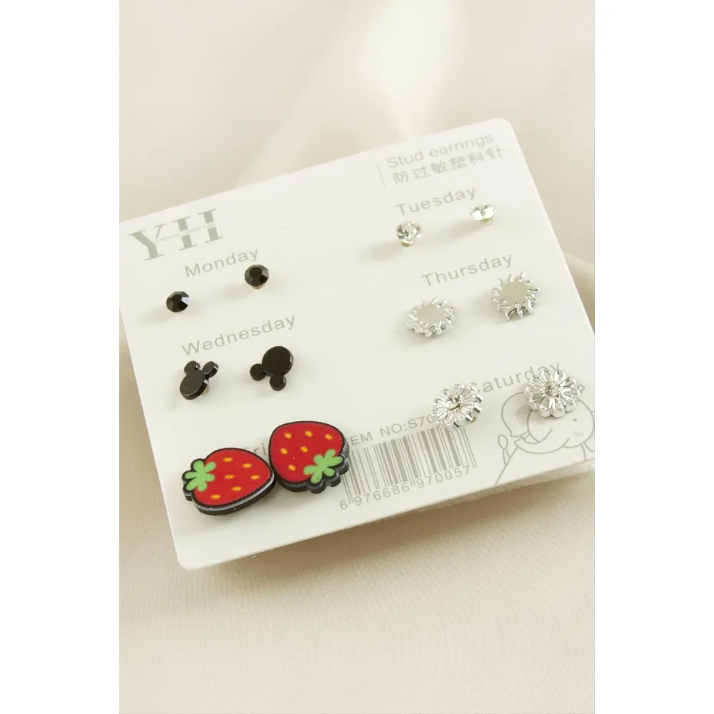 12 Adet Çilek Metal Taşlı Küpe-Gümüş Rengi