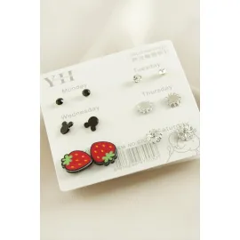 12 Adet Çilek Metal Taşlı Küpe-Gümüş Rengi