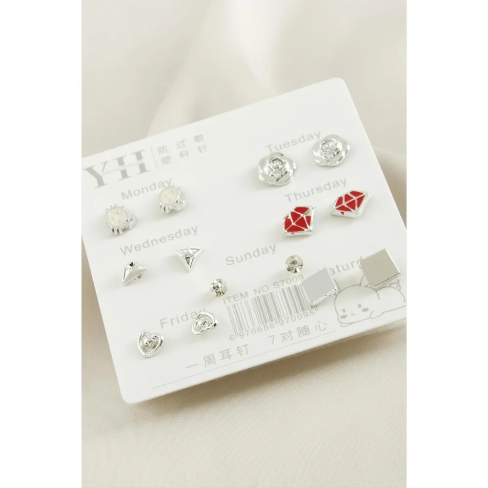 14 Adet Karışık Metal Taşlı Küpe-Gümüş Rengi