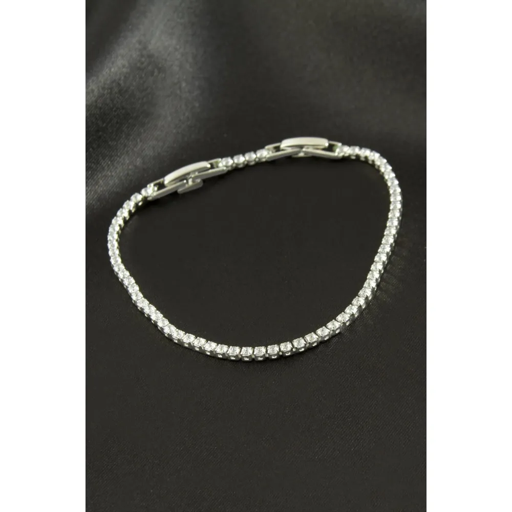 Yuvarlak Zirkon Taşlı Lüks Kararmaz Bileklik 2 mm-Gümüş Rengi