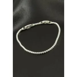 Yuvarlak Zirkon Taşlı Lüks Kararmaz Bileklik 2 mm-Gümüş Rengi