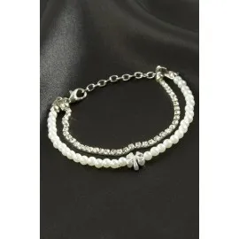 Yonca Şerit Taşlı İnci Bileklik-Gümüş Rengi