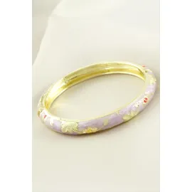 Çiçek İşlemeli Mineli Kelepçe Bileklik-Lila