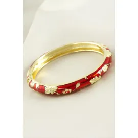 Çiçek İşlemeli Mineli Kelepçe Bileklik-Kırmızı