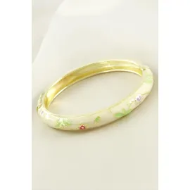 Çiçek İşlemeli Mineli Kelepçe Bileklik-Krem