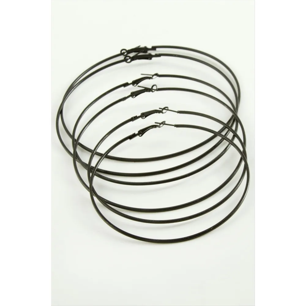 Ezme Çizgili Metal Halka Küpe 6 Adet-Siyah