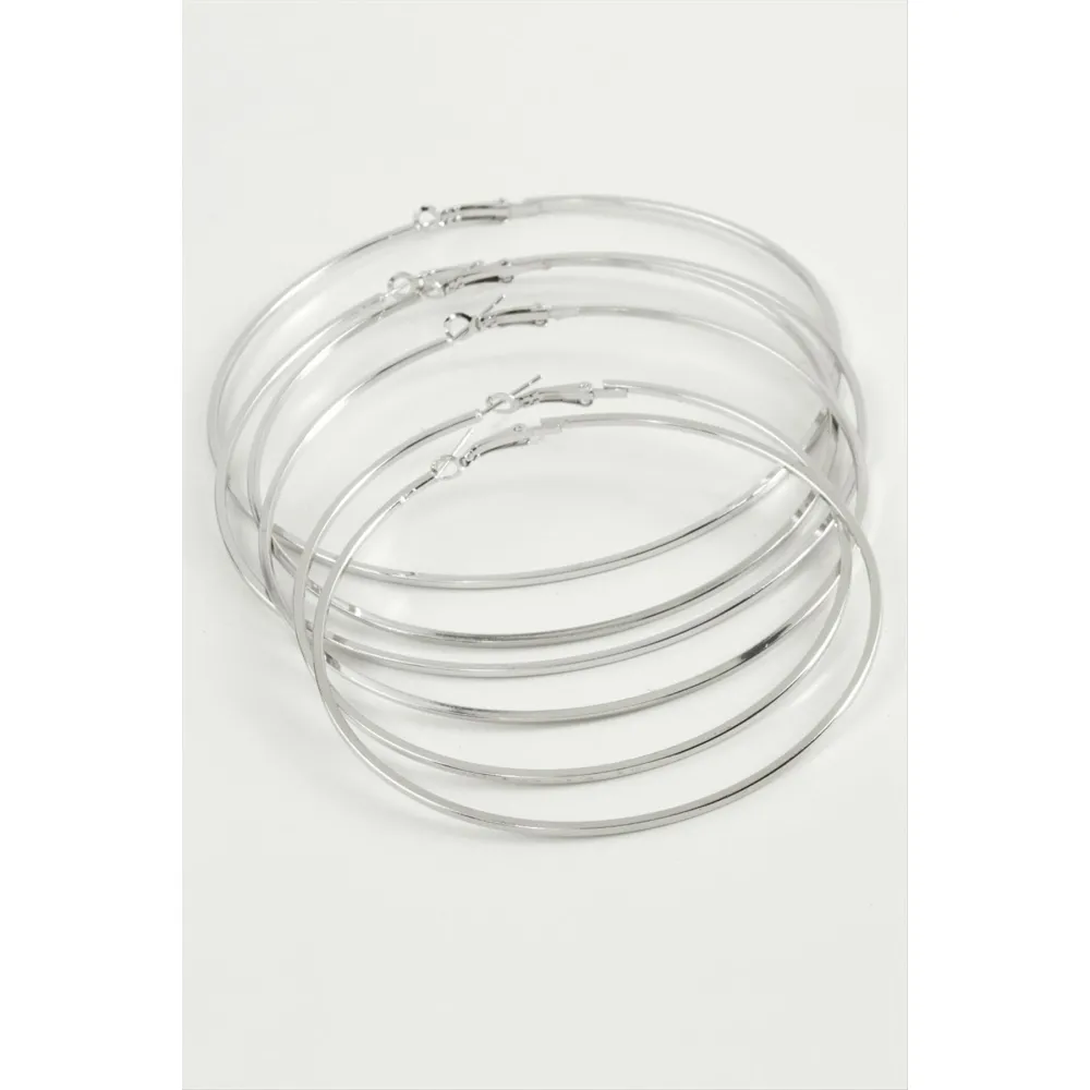 Düz Metal Halka Küpe 6 Adet-Gümüş Rengi