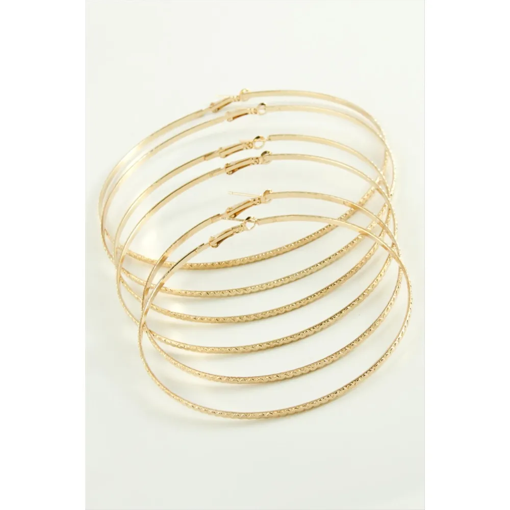 Zikzak Desenli Metal Halka Küpe 6 Adet-Sarı