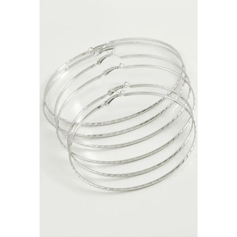 Zincir Desenli Metal Halka Küpe 6 Adet-Gümüş Rengi