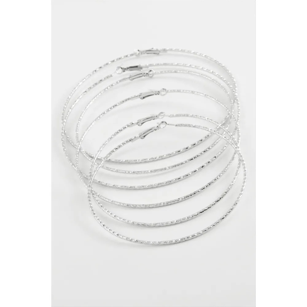 Çizgili Metal Halka Küpe 6 Adet-Gümüş Rengi