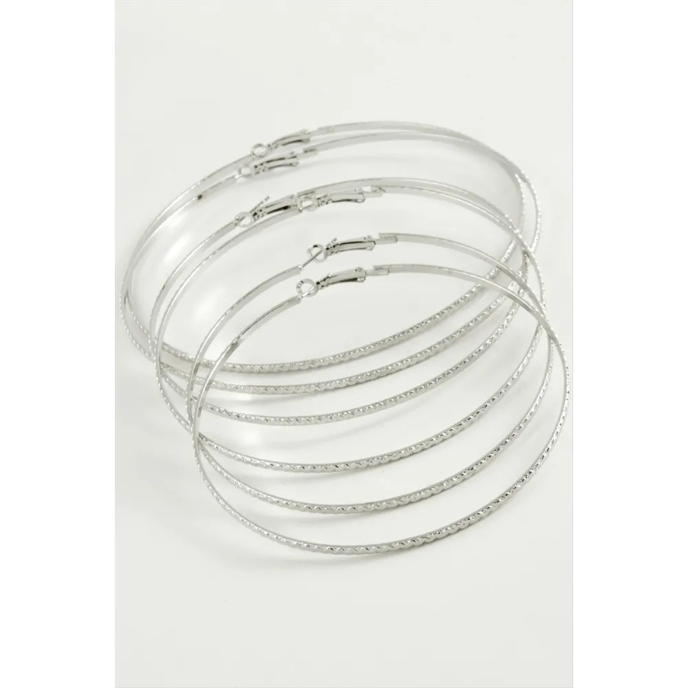 Zikzak Desenli Metal Halka Küpe 6 Adet-Gümüş Rengi