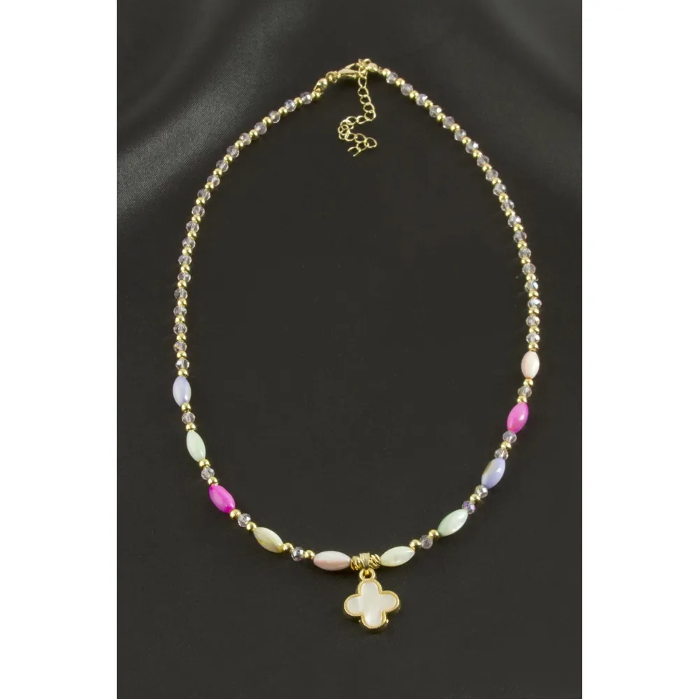 Çiçek Sedef Cam Boncuk Kristal Kolye-Sarı